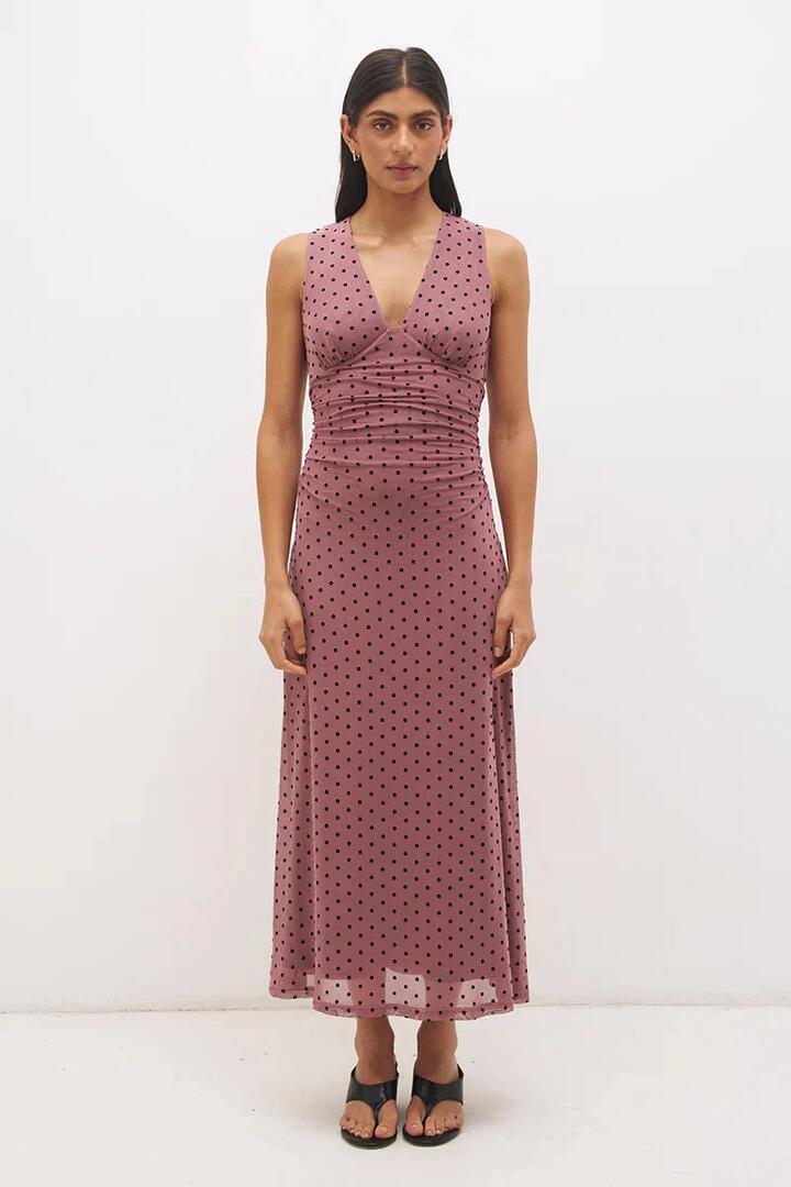 Image of Dresses. Product name - Sonata Rosewood Black Flocked Spot Sleeveless V Neck Mesh Maxi Dress in Black colour by brand - Mon Renn