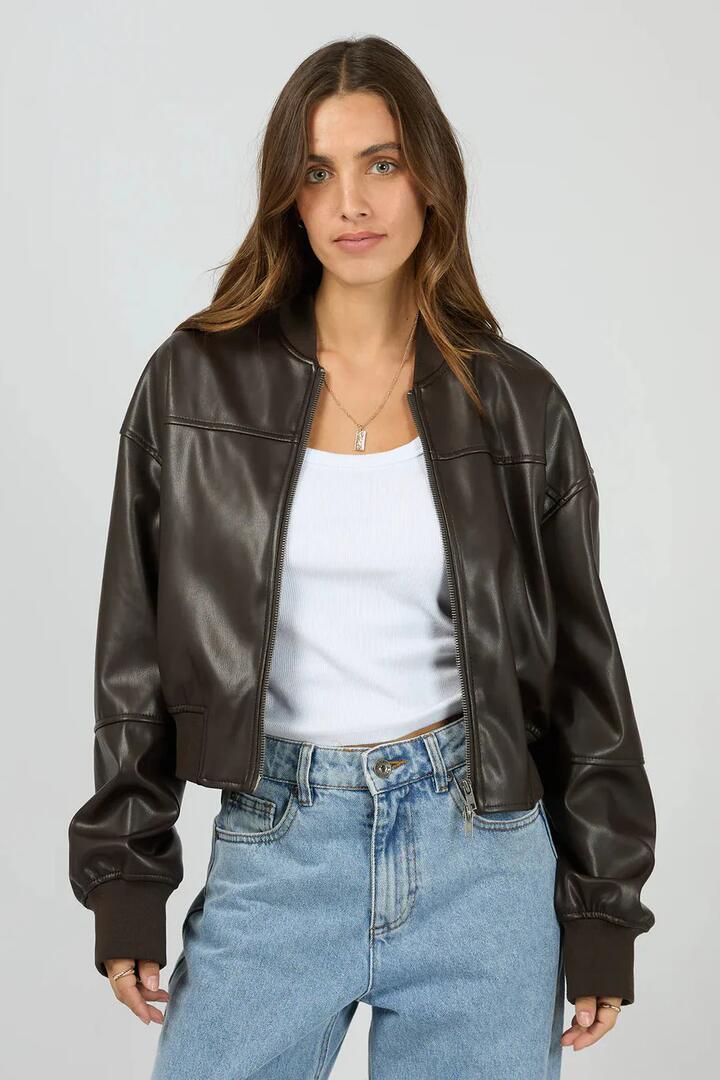 Image of Coats & Jackets. Product name - Luxe Chocolate Bomber Jacket in Brown colour by brand - Silent Theory