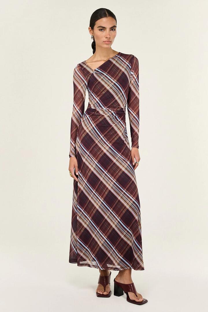 Image of Dresses. Product name - Arles Chocolate Check Mesh Asym Neck LS Midi Dress in Brown colour by brand - Staple The Label