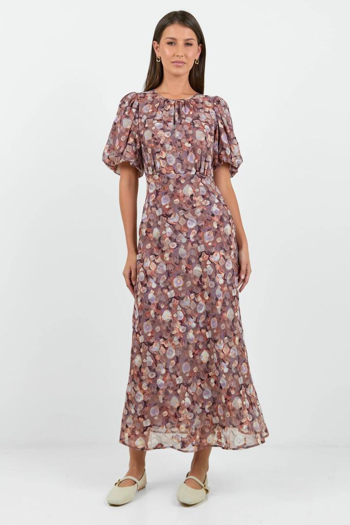 Image of Dresses. Product name - Exquisite Lilac Blush Floral Puff Sleeve Midi Dress in Lilac Blush Floral colour by brand - Georgia Zoe