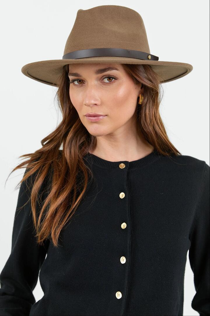 Image of Hats. Product name - Tanner Dark Taupe Mid Brim Panama Adjustable Wool Hat in Taupe colour by brand - Among the Brave