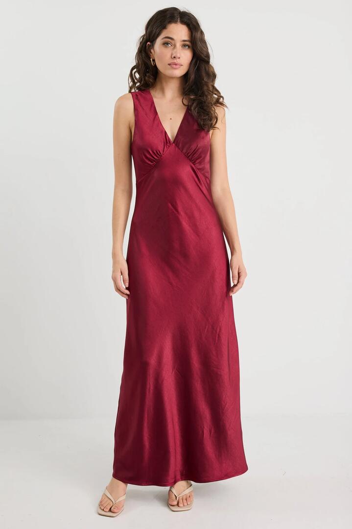 Image of Dresses. Product name - Bastion Burgundy Satin V Neck Tie Back Maxi Dress in Burgundy Satin colour by brand - By Rosa.