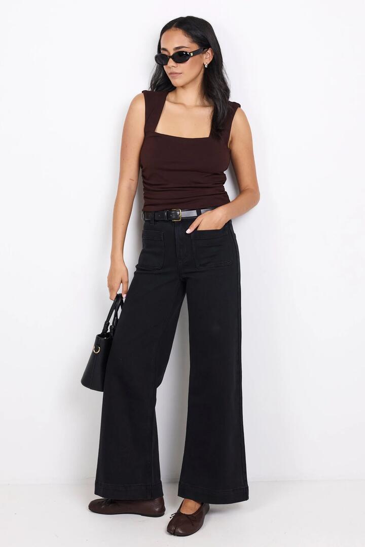 Image of Jeans. Product name - Zoey Black Petite High Rise Wide Leg Pocket Jean in Black colour by brand - Among the Brave