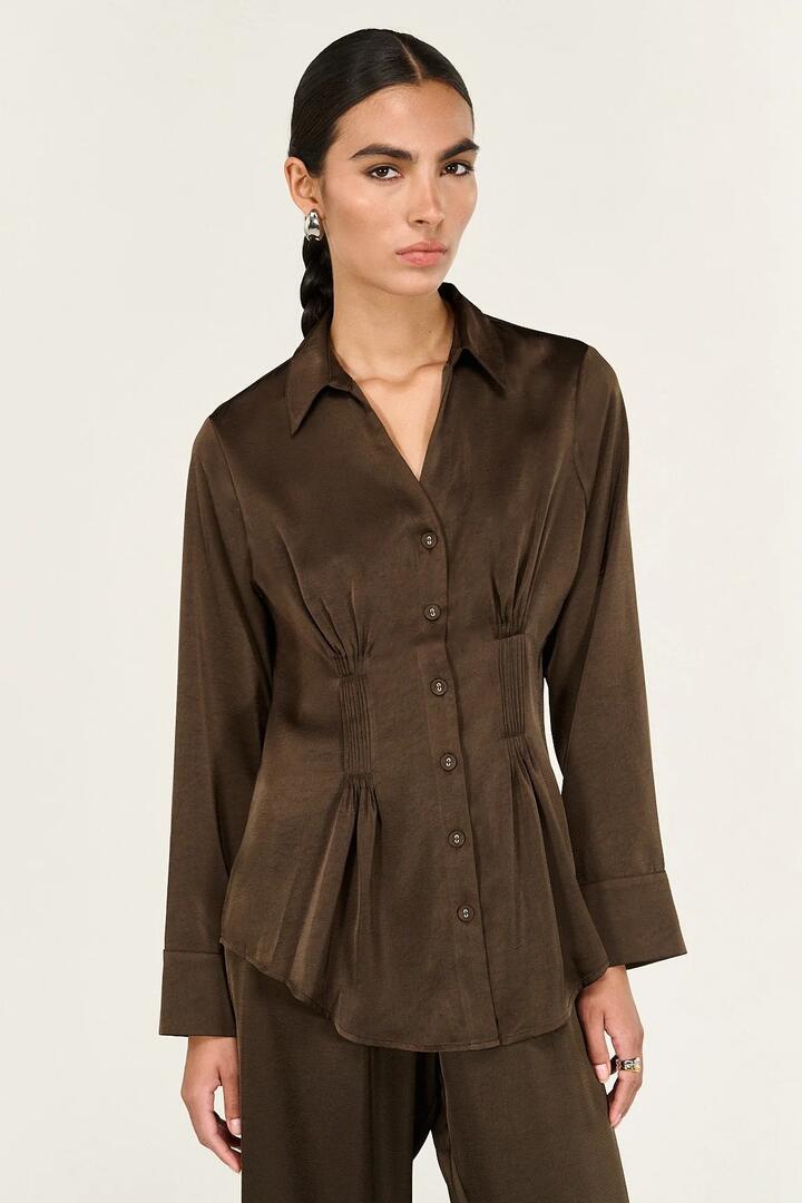 Image of Shirts. Product name - Solace Chocolate Darted Waist LS Satin Shirt in Brown colour by brand - Staple The Label