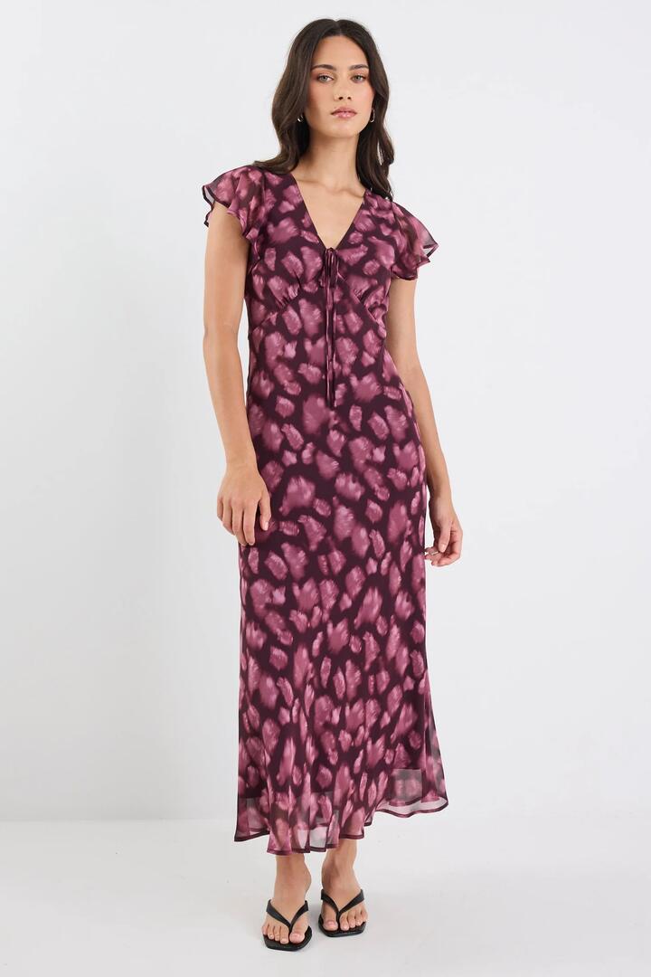 Image of Dresses. Product name - Admiration Burgundy Smudge Print Georgette Flutter Sleeve Maxi Dress in Burgundy Smudge Print colour by brand - Georgia Zoe