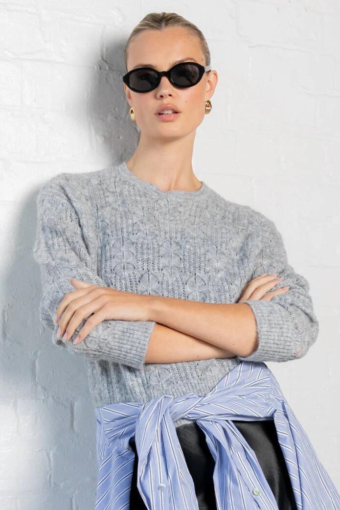 Image of a model wearing Outerwear. Product name - Adulation Grey Marle Pointelle Fluffy Jumper in Grey Marle colour by brand - Ivy + Jack