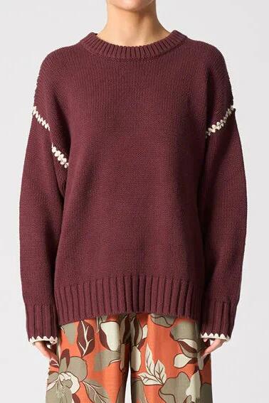 Image of a model wearing Outerwear. Product name - Pasadena Chocolate Contrast Stitch Knit Jumper in Brown colour by brand - Walnut