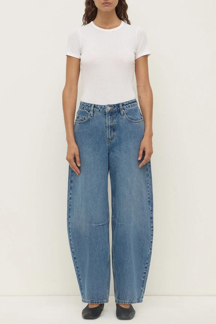 Image of Jeans. Product name - High Rise Classic Blue Barrel Jean in Blue colour by brand - Assembly Label