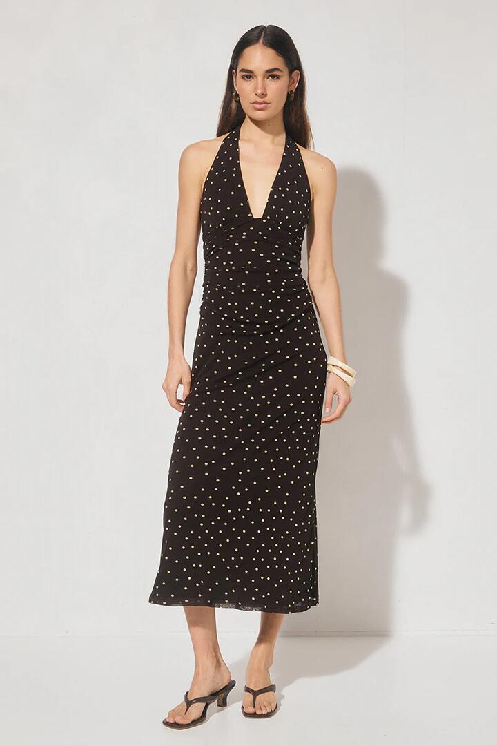 Image of Dresses. Product name - Halston Chocolate Polka Dot Mesh Halter Midi Dress in Brown colour by brand - Mon Renn