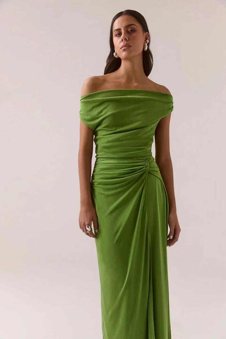 Image of Dresses. Product name - Reya Nettle Green Gathered Wasit Sleeveless Maxi Dress in Green colour by brand - Sovere