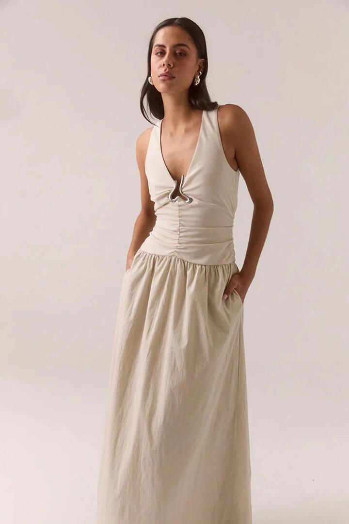 Image of Dresses. Product name - Hari Creme Silver Hardware Sleeveless Maxi Dress in Cream colour by brand - Sovere