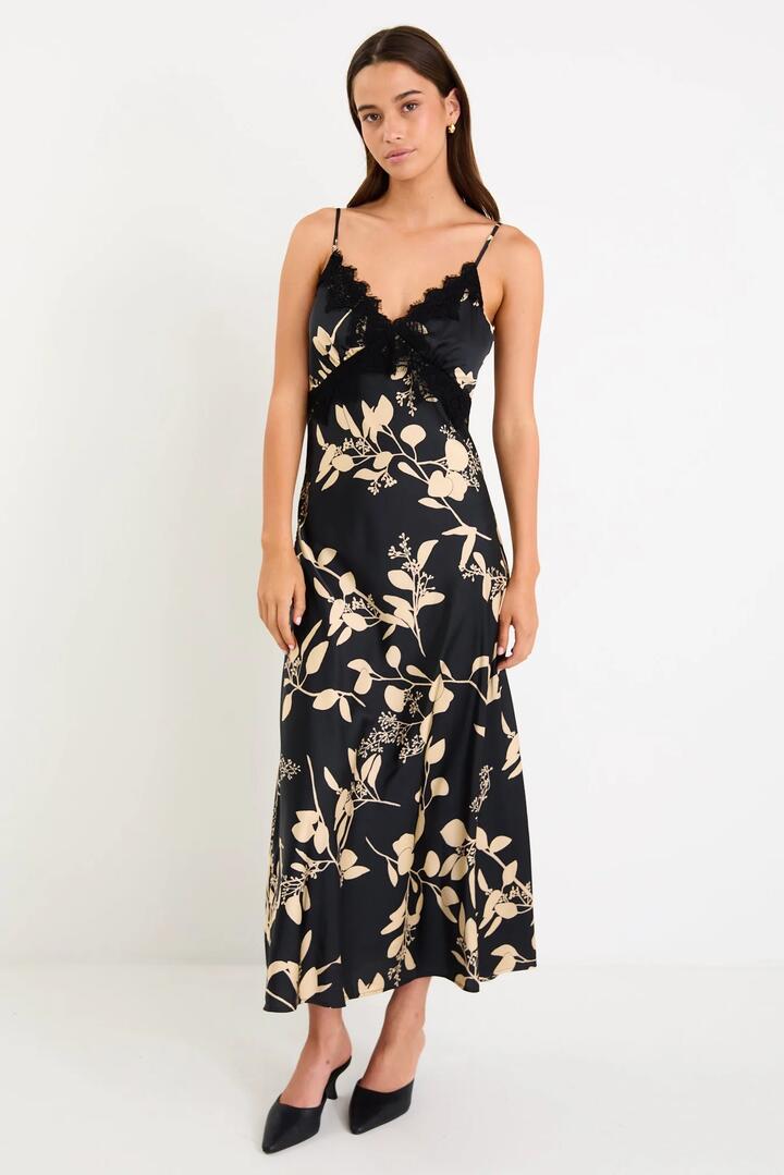Image of Dresses. Product name - Region Black Beige Floral Satin Lace Trim Maxi Dress in Black Beige Floral colour by brand - Stories be Told