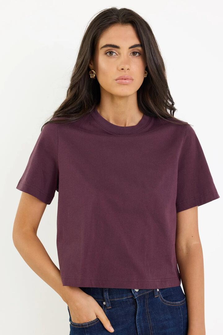 Image of a model wearing Tops. Product name - Suburb Eggplant Boxy Crop Tee in Eggplant colour by brand - Among the Brave