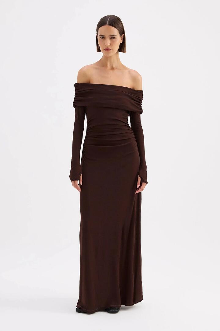 Image of Dresses. Product name - Rue Raisin Mesh Off Shoulder LS Maxi Dress in Brown colour by brand - Nude Lucy