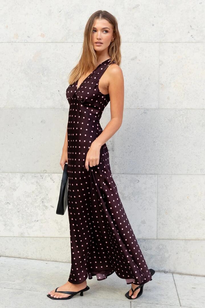 Image of Dresses. Product name - Eastern Burgundy Ditsy Polka Dot Satin Bias Flared Maxi Dress in Burgundy Ditsy Polka Dot colour by brand - Georgia Zoe