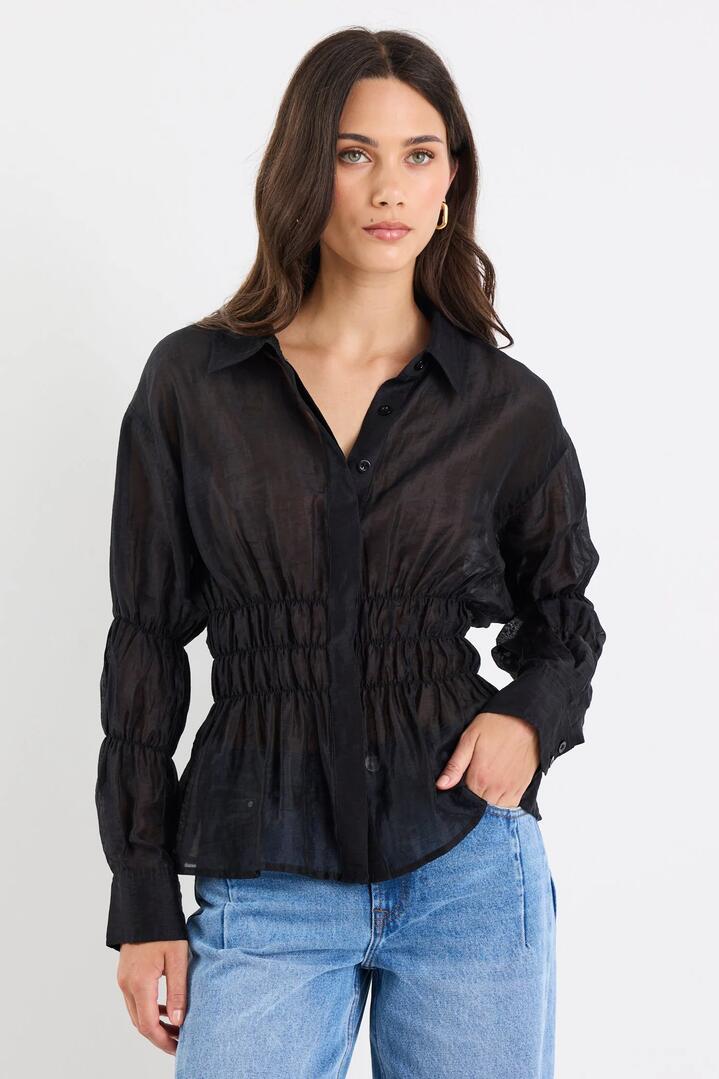 Image of Shirts. Product name - Composite Black Sheer Shirred Body Shirt in Black Sheer colour by brand - Stories be Told