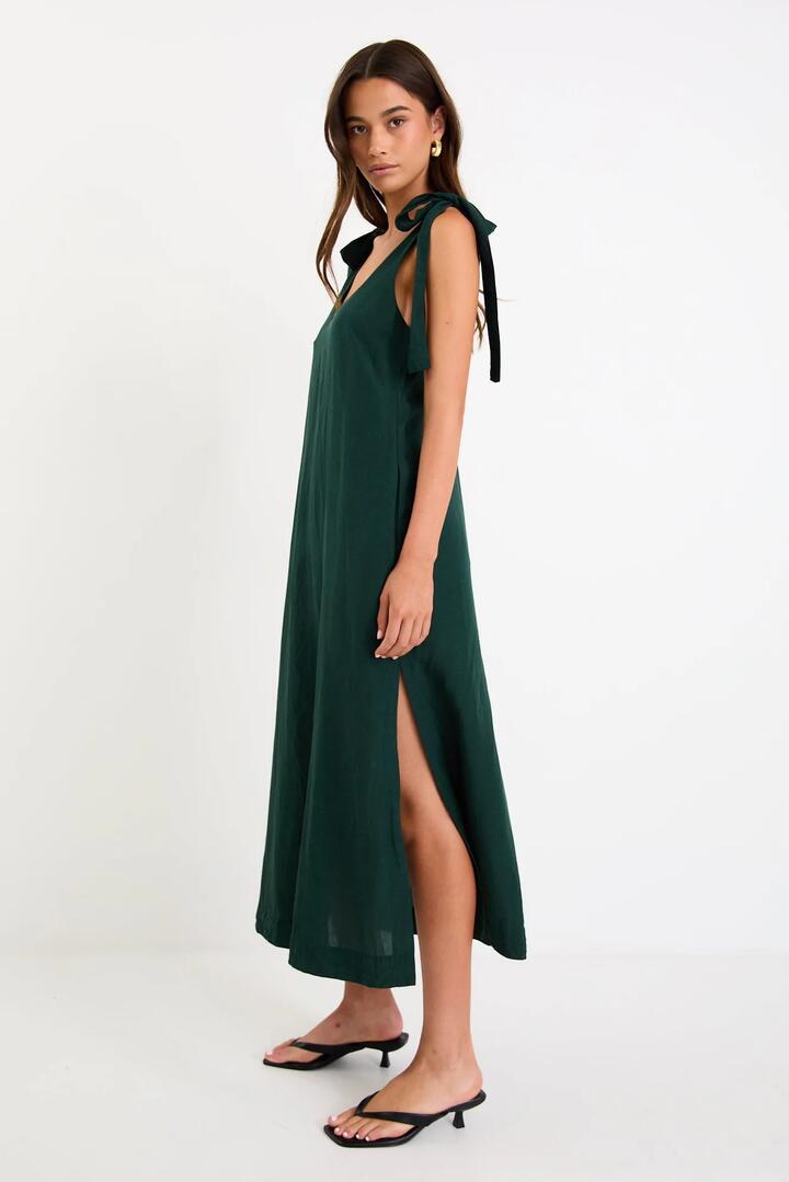 Image of Dresses. Product name - Spontaneous Forest Tie Shoulder Relaxed Midi Dress in Forest colour by brand - Stories be Told