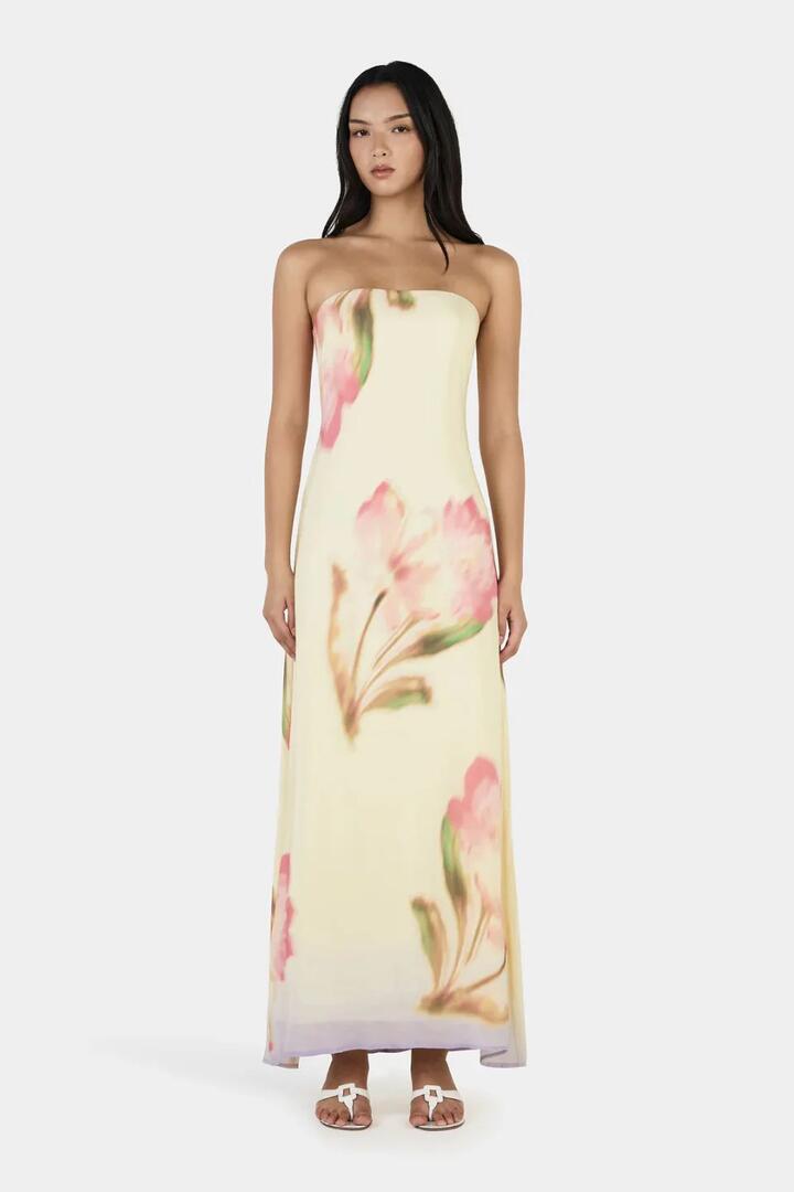 Image of Dresses. Product name - Acacia Golden Drift Floral Print Strapless Maxi Dress in Yellow colour by brand - Ownley