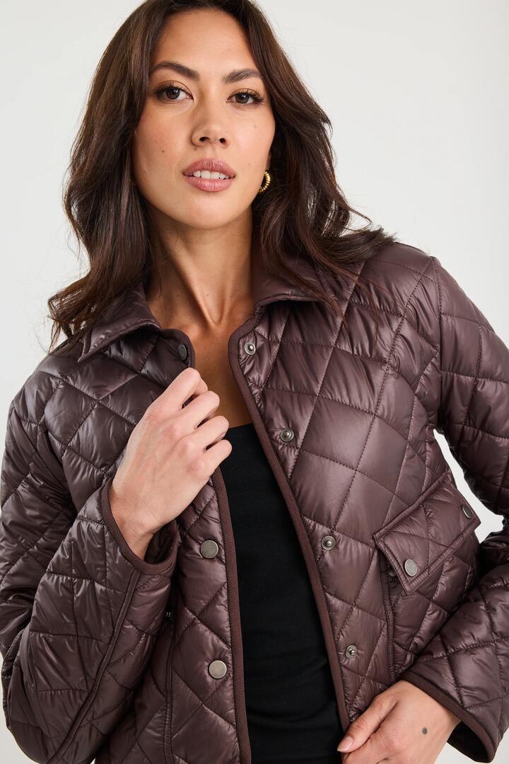 Image of Coats & Jackets. Product name - Navigate Chocolate Quilted Soft Sheen Collared Jacket in Chocolate colour by brand - Among the Brave