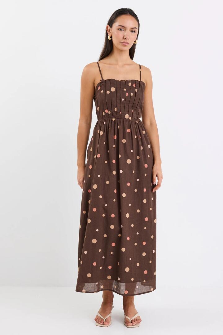 Image of Dresses. Product name - Bali Chocolate Multi Polka Dot Pleated Bodice Strappy Maxi Dress in Chocolate Multi Polka Dot colour by brand - Stories be Told