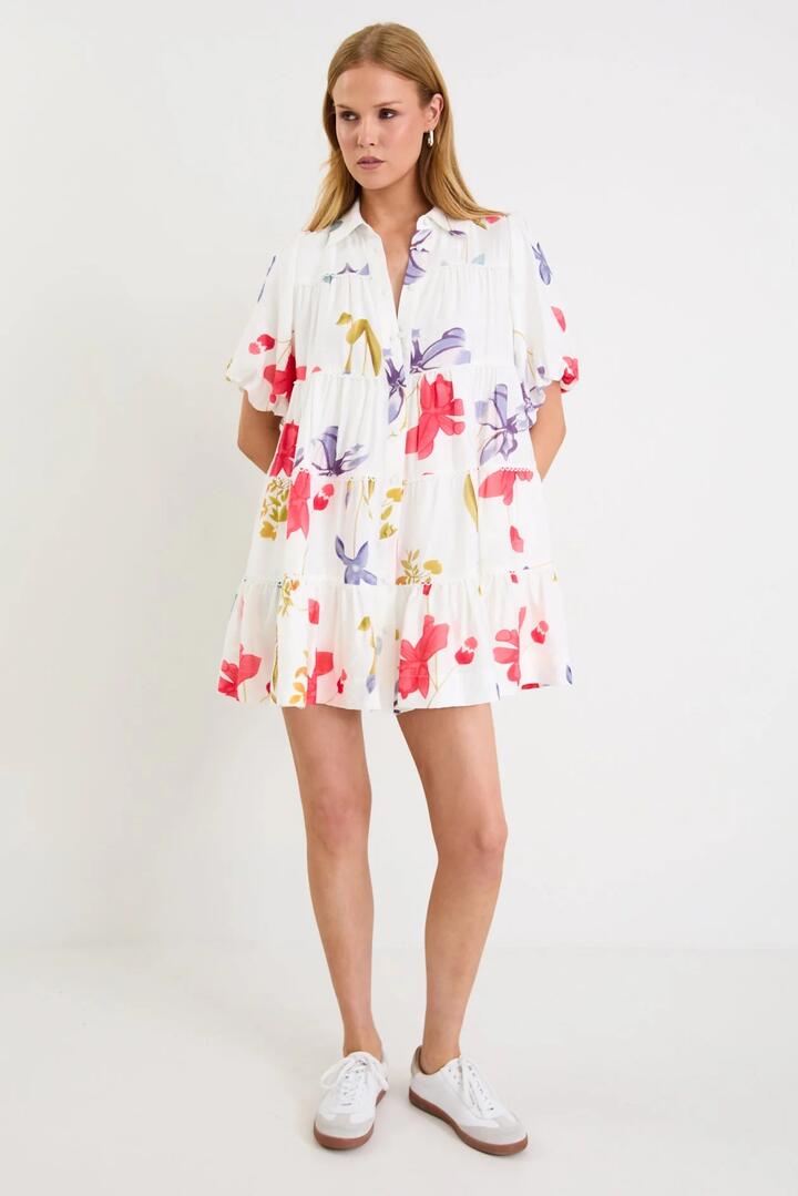 Image of Dresses. Product name - Dahlia Cream Poppy Floral Puff Sleeve Mini Tiered Shirt Dress in Cream Poppy Floral colour by brand - By Rosa.