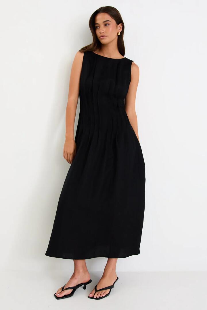 Image of Dresses. Product name - Exploration Black Linen Blend Pintuck Maxi Dress in Black colour by brand - Stories be Told