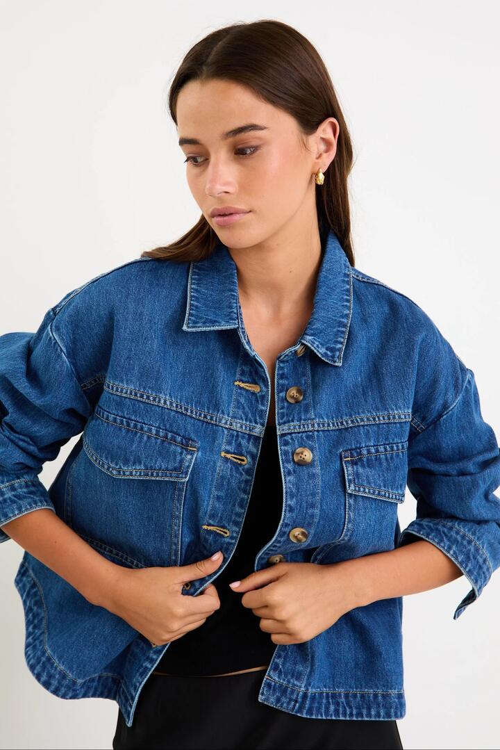 Image of Coats & Jackets. Product name - Echo Storm Blue Patch Pocket Denim Jacket in Storm Blue colour by brand - Among the Brave