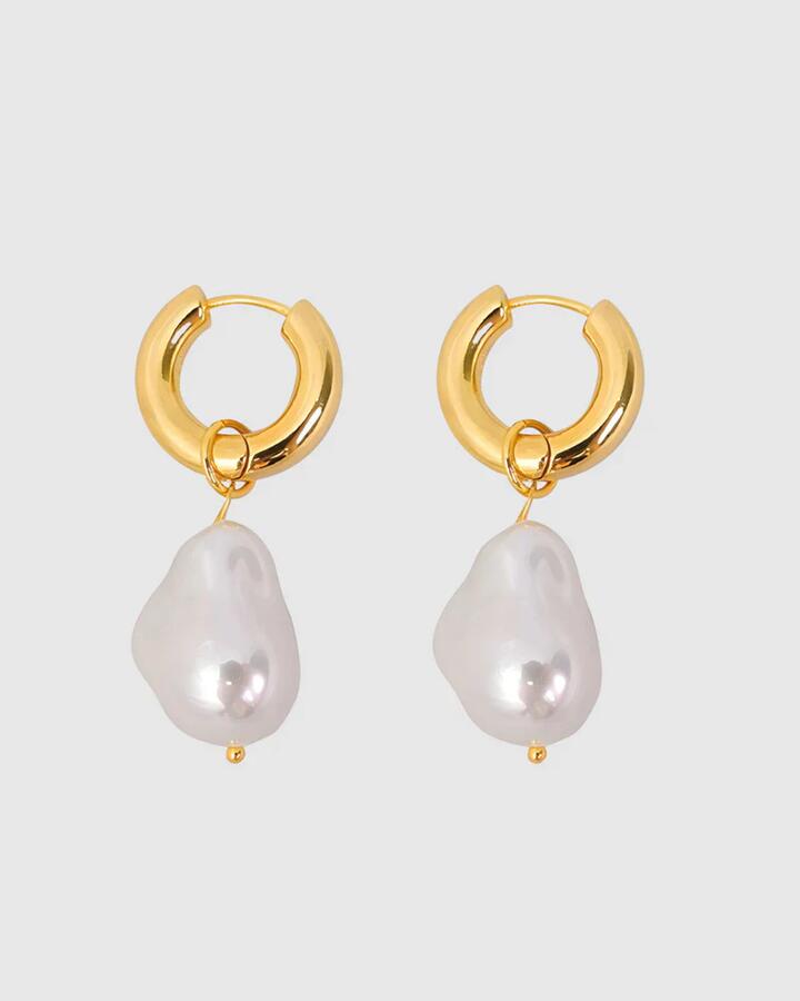 Image of Jewelry. Product name - Pearl Drop Gold Plated Hoop Earring in Gold colour by brand - Castel + Co