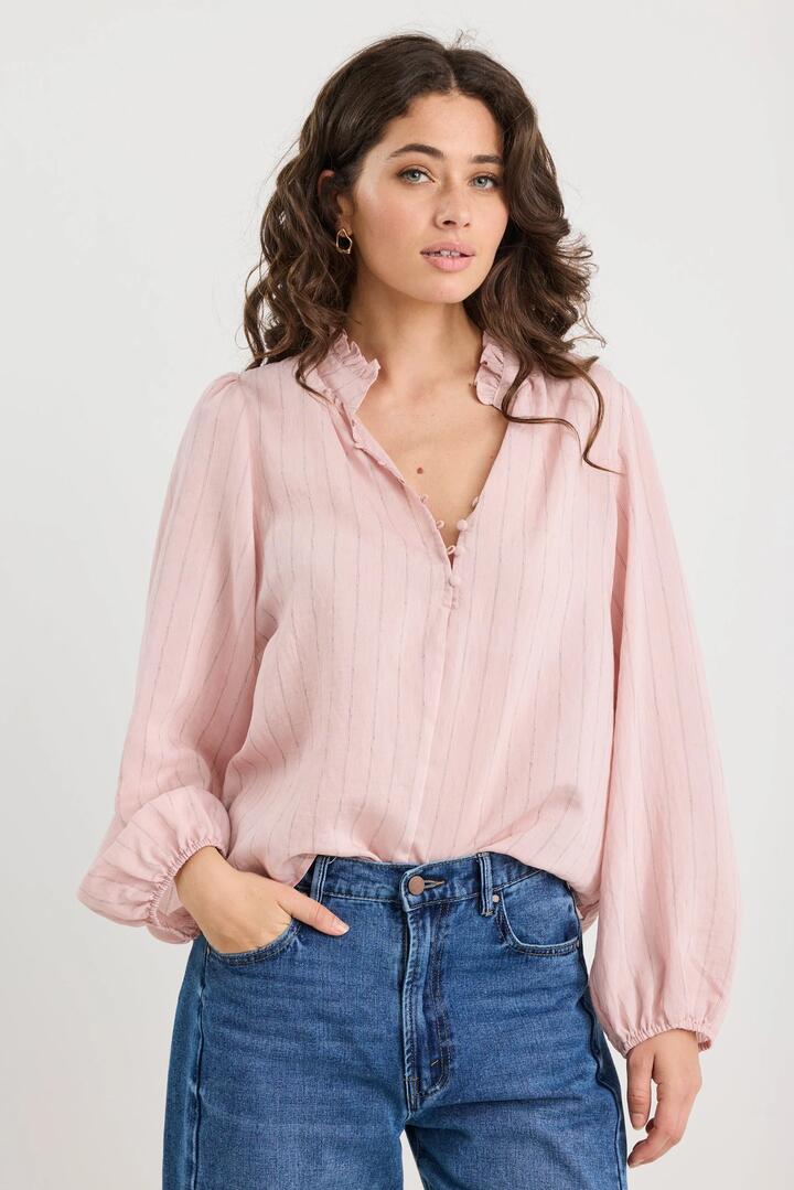 Image of a model wearing Tops. Product name - Premise Blush Stripe High Neck Buttoned LS Top in Blush Stripe colour by brand - Ivy + Jack