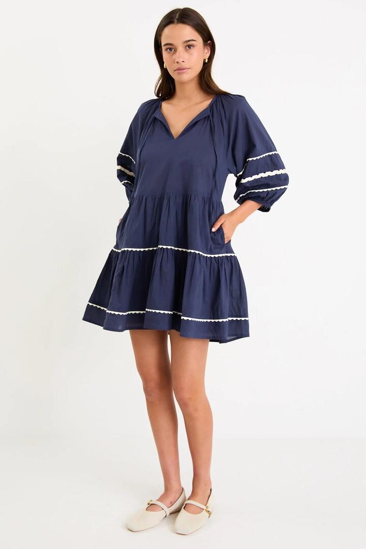 Image of Dresses. Product name - Again Navy SS Tiered Smock Dress in Navy colour by brand - Ivy + Jack