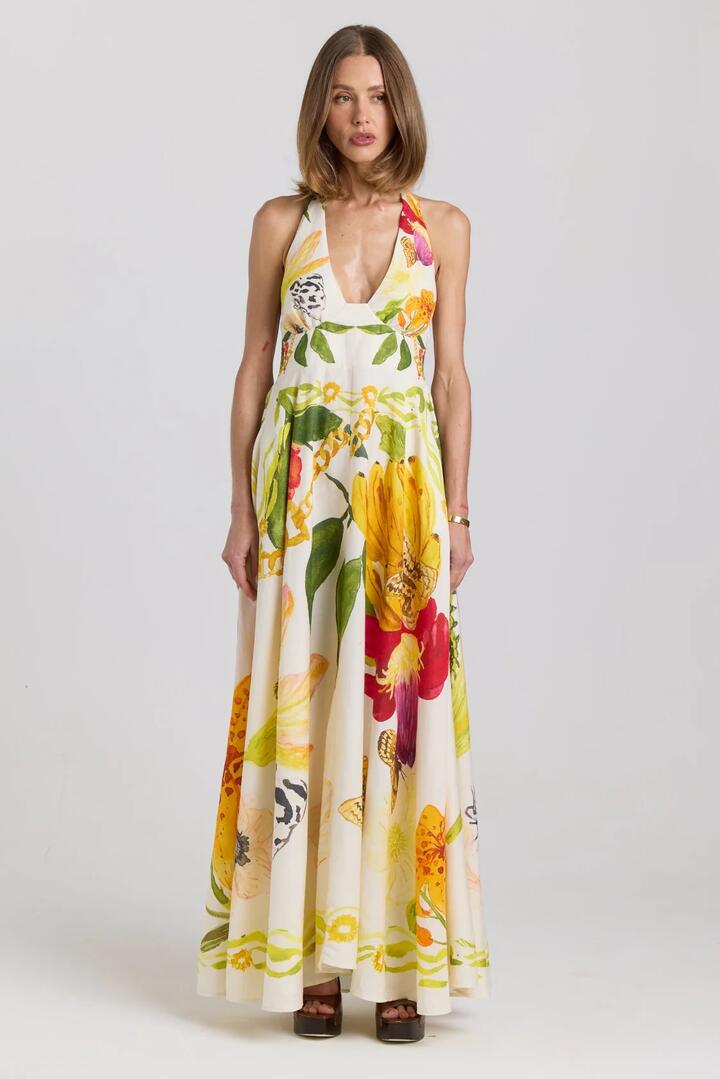 Image of Dresses. Product name - Paloma Multi Print Halter Sleeveless Maxi Dress in Multi colour by brand - Maku The Label