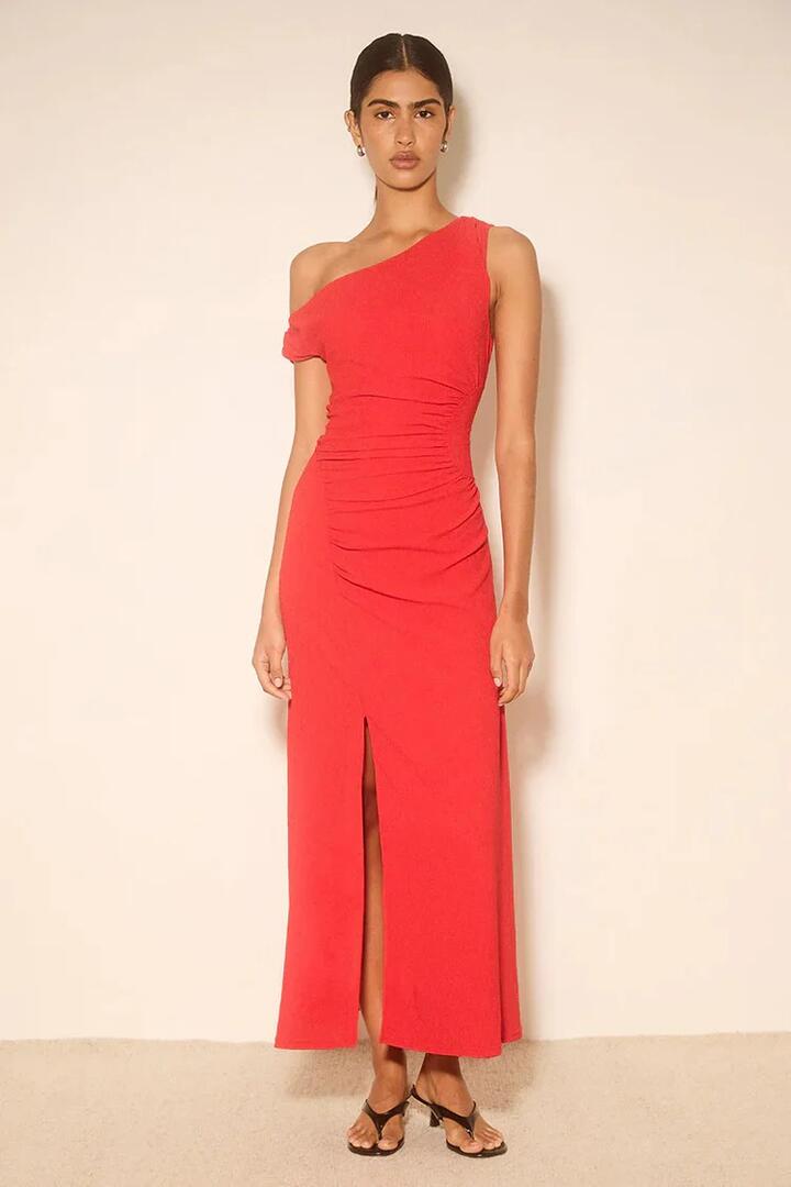 Image of Dresses. Product name - Tula Fiesta Red Off Shoulder Midi Dress in Red colour by brand - Mon Renn