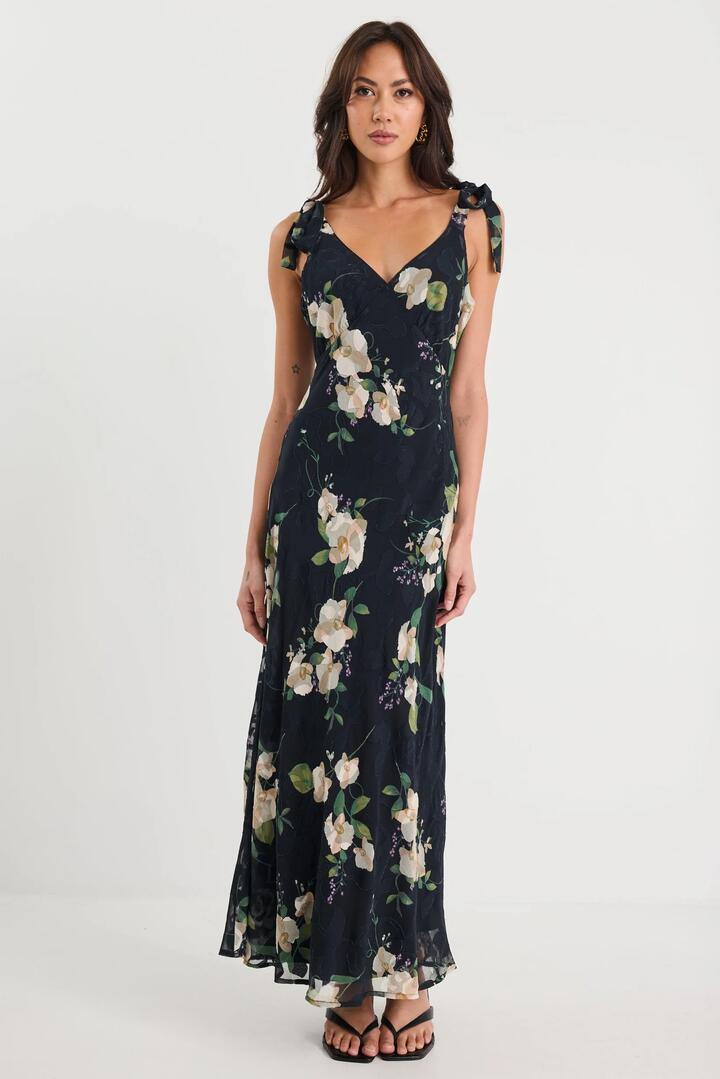 Image of Dresses. Product name - Serenade Black and Blush Floral Tie Straps Slip Maxi Dress in Black And Blush Floral colour by brand - By Rosa.