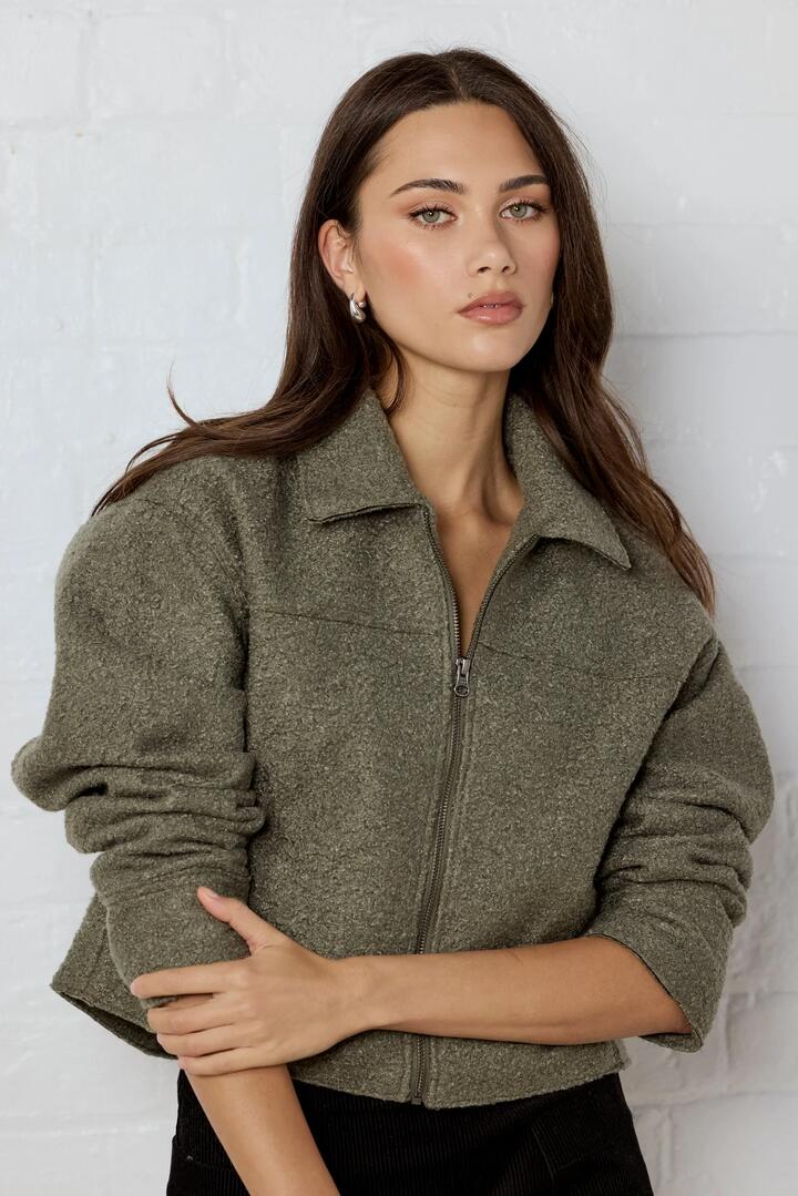 Image of Coats & Jackets. Product name - Dune Khaki Boucle Zip Front Jacket in Khaki Boucle colour by brand - Among the Brave