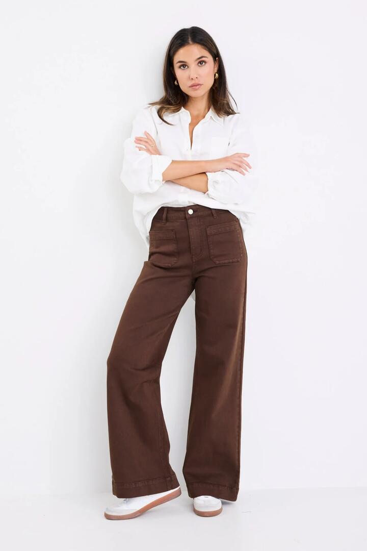 Image of Jeans. Product name - Zoey Chocolate High Rise Wide Leg Pocket Jean in Chocolate colour by brand - Among the Brave