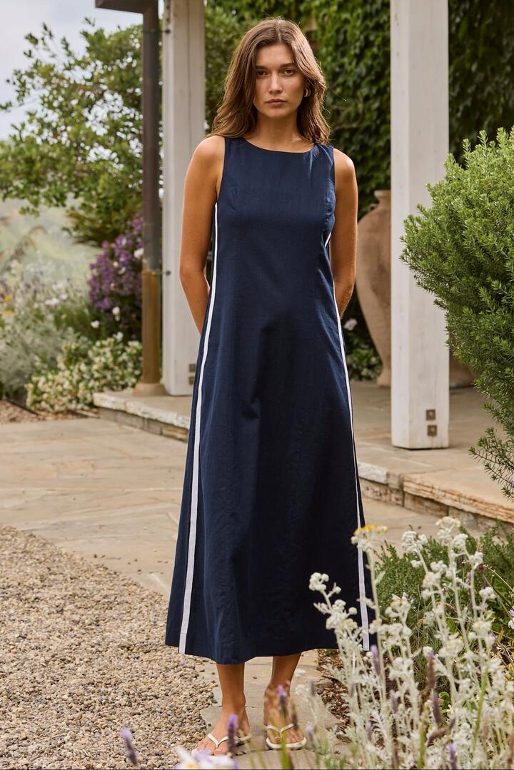 Image of Dresses. Product name - Future Ink Linen Blend Sleeveless Stripe Trim Midi Dress in Ink colour by brand - Stories be Told