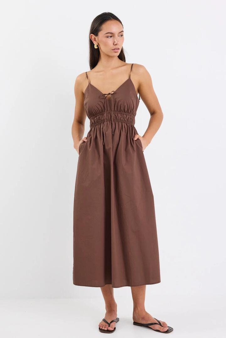 Image of Dresses. Product name - Cast Chocolate Cotton Strappy Midi Dress in Chocolate colour by brand - Among the Brave