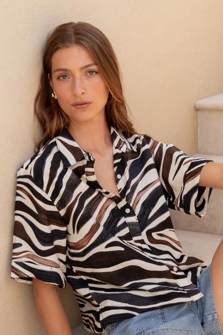 Image of Shirts. Product name - Entangle Chocolate Zebra Boxy SS Shirt in Chocolate Zebra colour by brand - Among the Brave