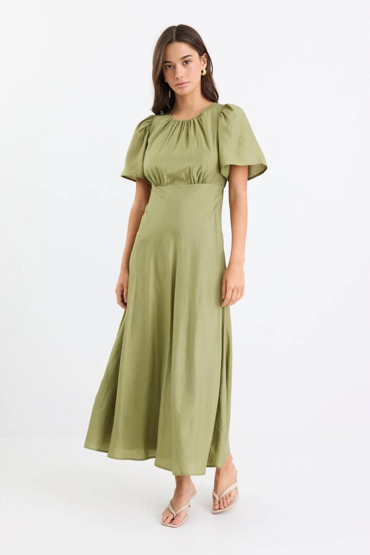 Image of Dresses. Product name - Meridian Moss Flutter Sleeve Floaty Maxi Dress in Moss colour by brand - Among the Brave