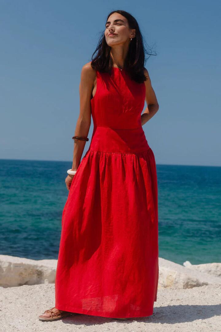 Image of Dresses. Product name - Results Red Linen Blend Structured Sleeveless Maxi Dress in Red colour by brand - Stories be Told