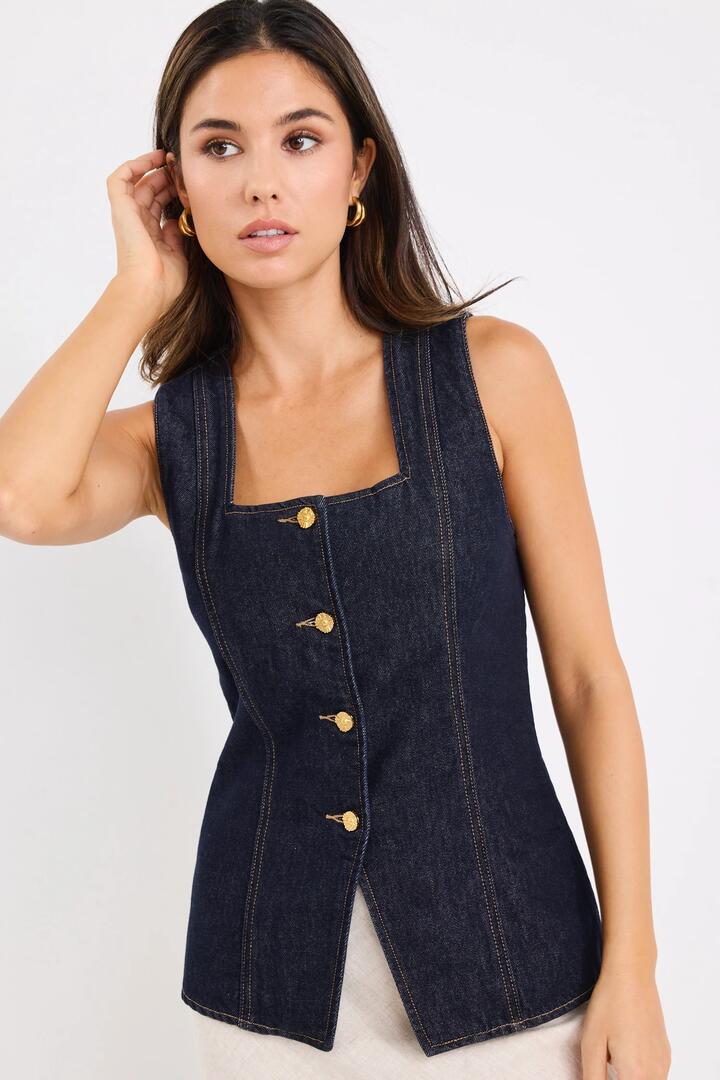 Image of Coats & Jackets. Product name - View Indigo Denim Square Neck Vest in Indigo Denim colour by brand - Stories be Told