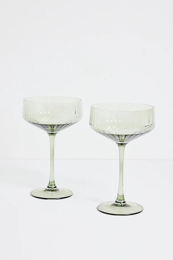 Image of Kitchen & Dining. Product name - Olive Green Ribbed Set 2 Coupe Cocktail Glasses in Green colour by brand - Willow & Mae