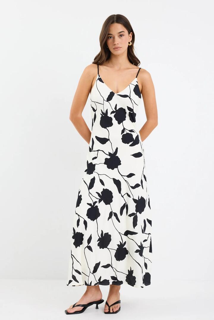 Image of Dresses. Product name - Saturn Ivory Floral Strappy Bias Slip Maxi Dress in Ivory Floral colour by brand - Stories be Told