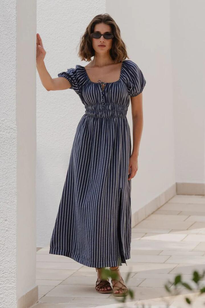 Image of Dresses. Product name - Roma Navy Stripe SS Poet Midi Dress in Navy Stripe colour by brand - Stories be Told