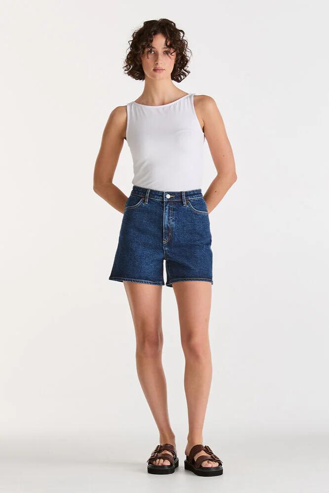 Image of a model wearing Shorts. Product name - Girlfriend Endless Indigo Denim Short in Blue colour by brand - Riders by Lee