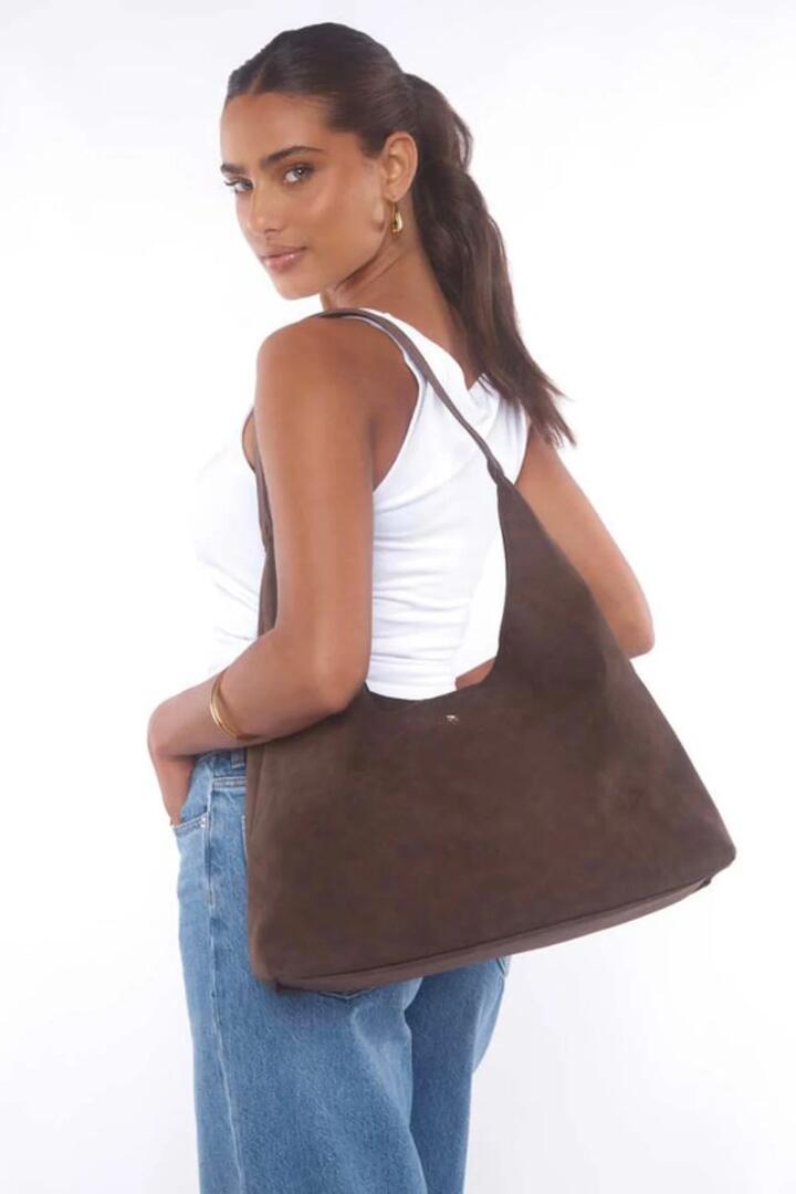 Image of Bags. Product name - Jami Chocolate Faux Suede Slouch Shoulder Bag in colour by brand - Peta + Jain