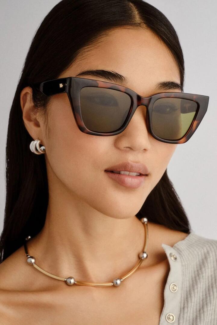 Image of Sunglasses. Product name - Le Coeur Dark Tort Rounded Cat Eye Moss Lens Sunglasses in colour by brand - Le Specs