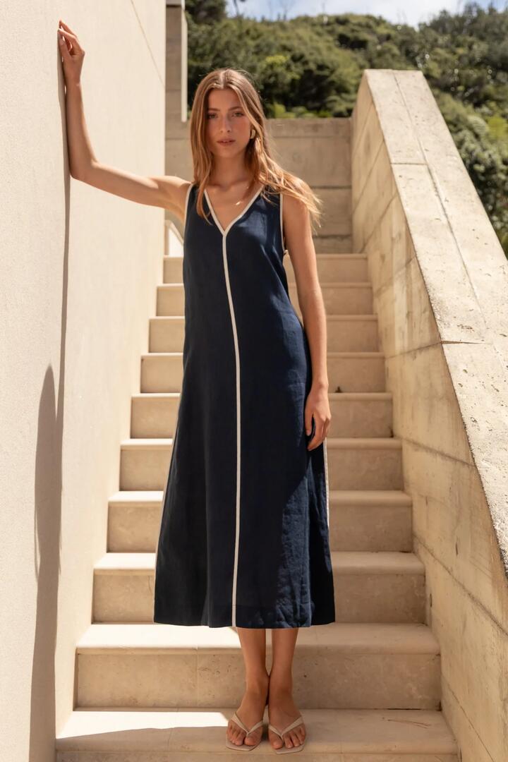 Image of Dresses. Product name - Siesta Navy Linen Contrast Sleeveless Maxi Dress in Navy colour by brand - RE:UNION Label