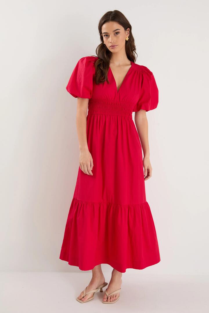 Image of Dresses. Product name - Circa Cherry SS Deep V Midi Dress in Cherry colour by brand - Among the Brave