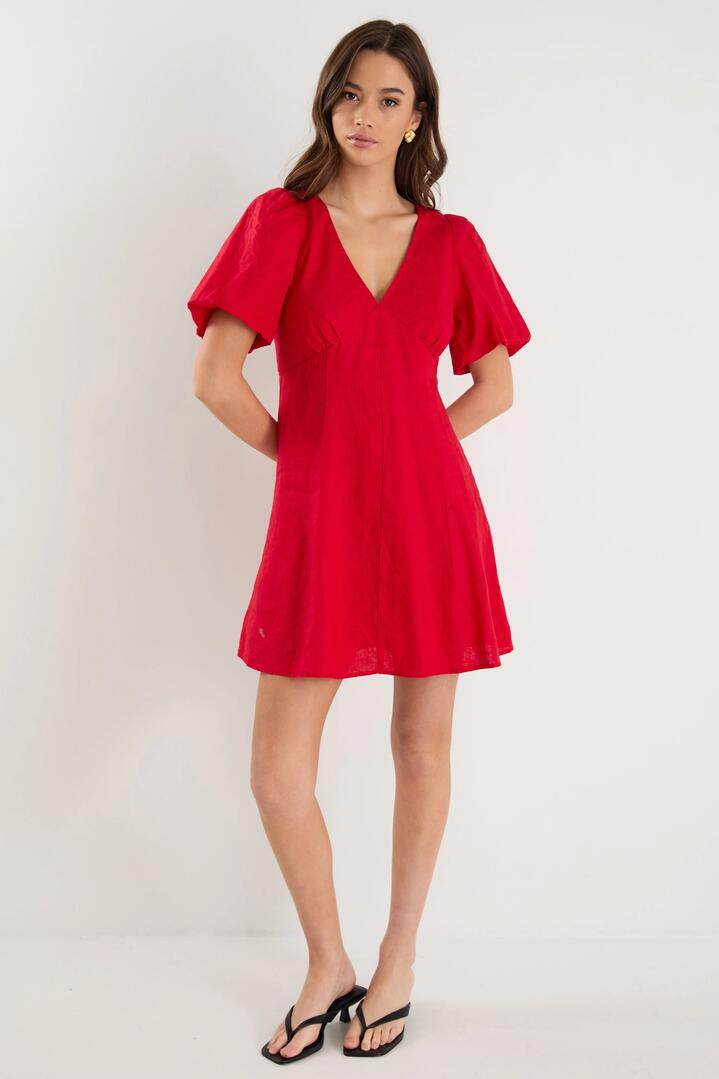 Image of Dresses. Product name - Adelaide Cherry Linen Puff Sleeve Panelled Mini Dress in Cherry colour by brand - Among the Brave